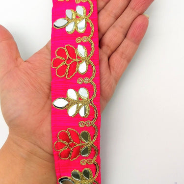 Fuchsia Pink Silk Trim With Mirrors Embellishments and Gold Embroidery, Approx. 38mm Wide, Decorative Trim Costume Trim Floral Trim By Yard